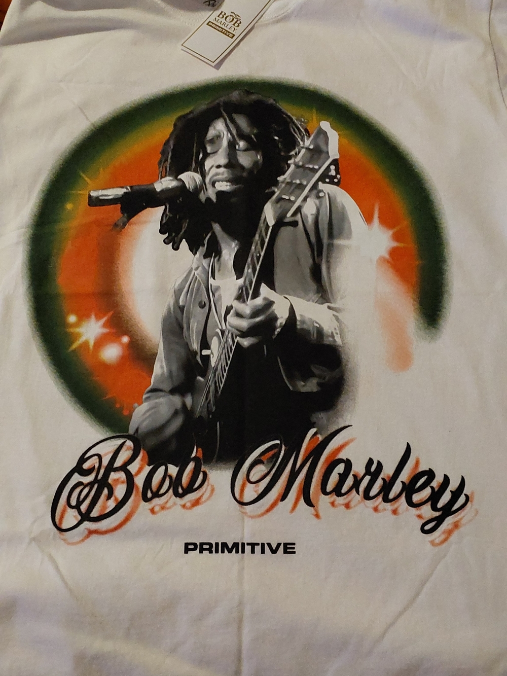Bob Marley Graphic Tee White with Green and Orange Halo Men's Large